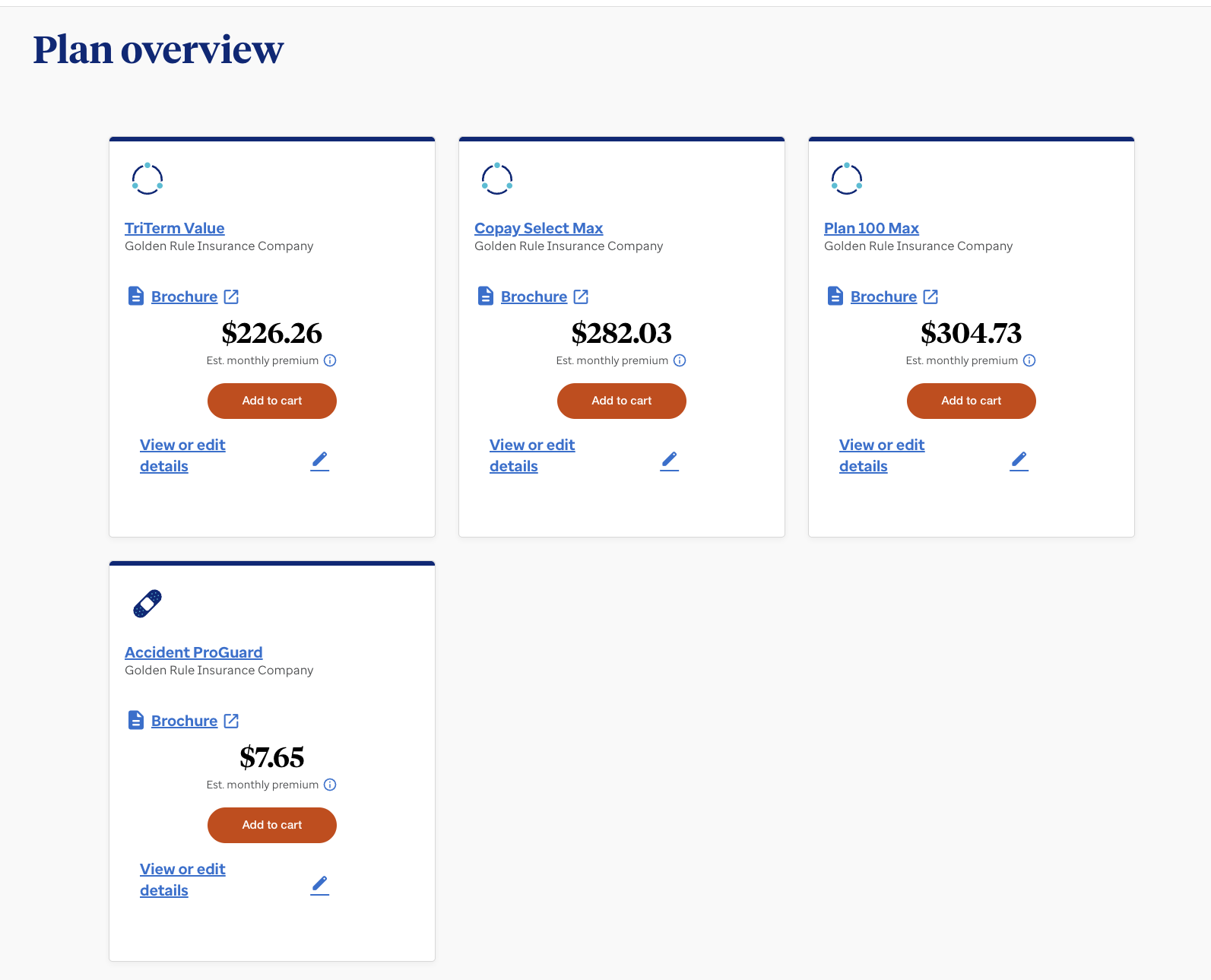 Plan overview cards with premiums and Add to cart buttons