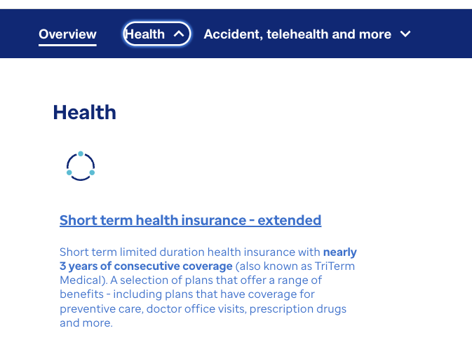 Health menu dropdown showing Short term health insurance extended