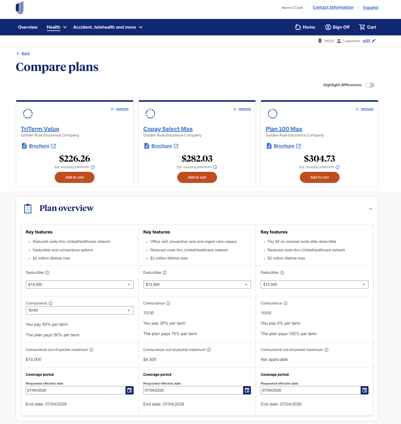 Compare plans page with deductible, coinsurance, and effective date controls