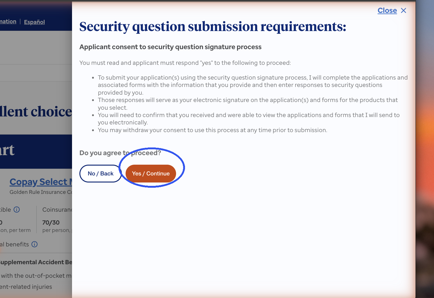 Security question submission requirements pop-up with Yes / Continue circled
