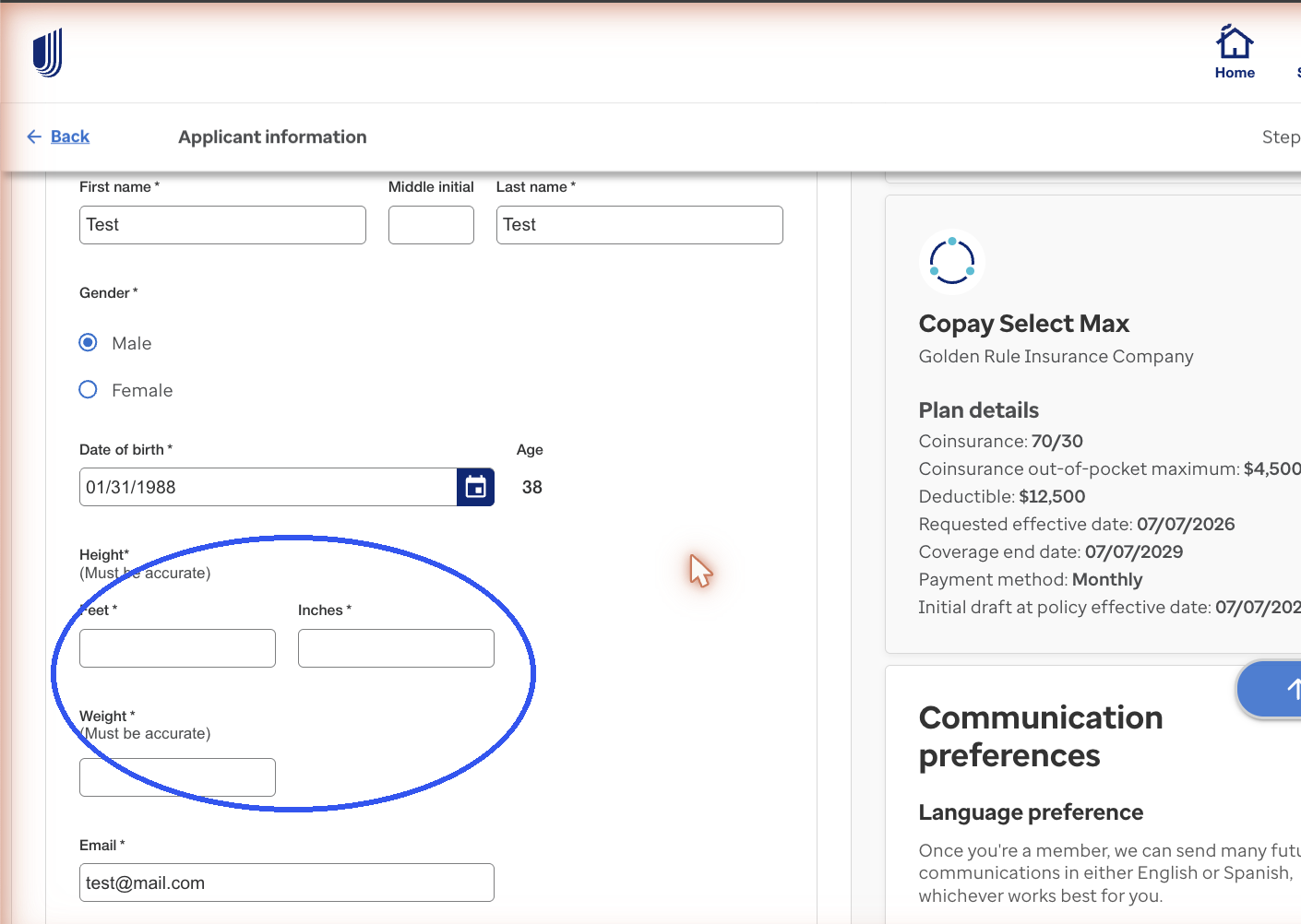 Applicant Information page with height and weight fields circled