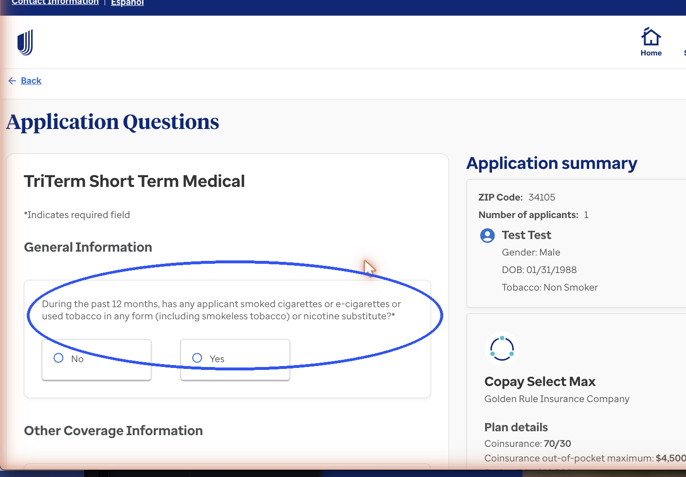 Application Questions page showing the first tobacco question with No and Yes options